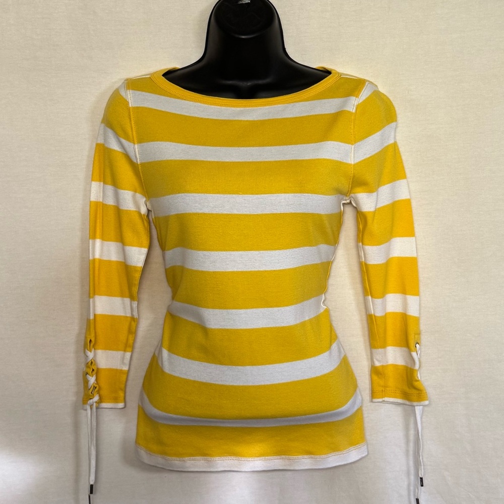 A-120 Lauren Ralph Lauren Yellow & White Stripe 3/4 Sleeve Pullover Blouse Sz XS